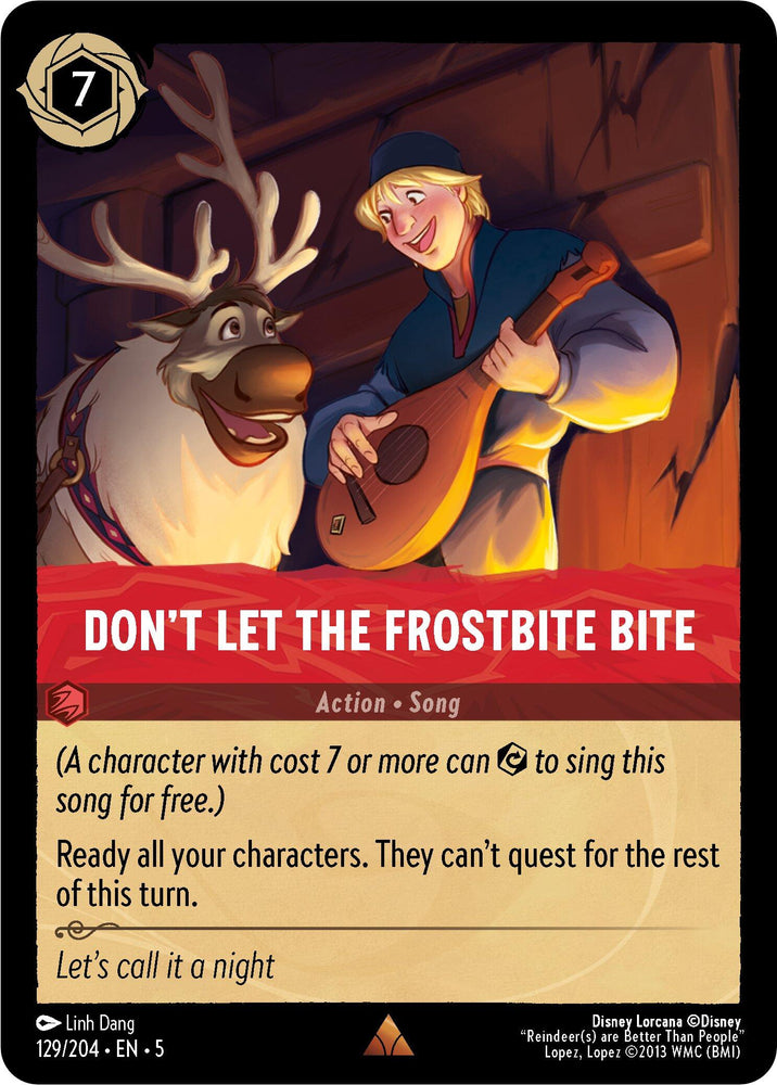 A smiling young man in a blue tunic and red cap joyfully plays a lute while standing next to a happy reindeer inside a wooden cabin. The card title reads “Disney’s SHIMMERING SKIES: DON’T LET THE FROSTBITE BITE (129/204).” Below the image are card mechanics and rules, indicating it's a rare card with a cost of 7, adorned with decorative text.