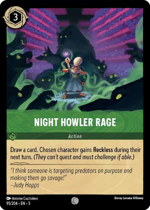 The Disney Lorcana card titled "Night Howler Rage (95/204) [Shimmering Skies]" features a character in a futuristic suit holding a flower, surrounded by green smoke and ghostly eyes. It has a cost of 3, and the text reads: "Draw a card. Chosen character gains Reckless during their next turn as predators go savage under shimmering skies.