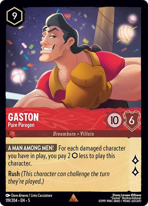 A "Lorcana" trading card from Disney, featuring Gaston - Pure Paragon (119/204) [Shimmering Skies], displays the Rare Dreamborn Villain in a confident pose, showing his biceps with a smirk. The card has a cost of 9 ink, 10 strength, and 6 willpower, and includes text with abilities and a description of Gaston.