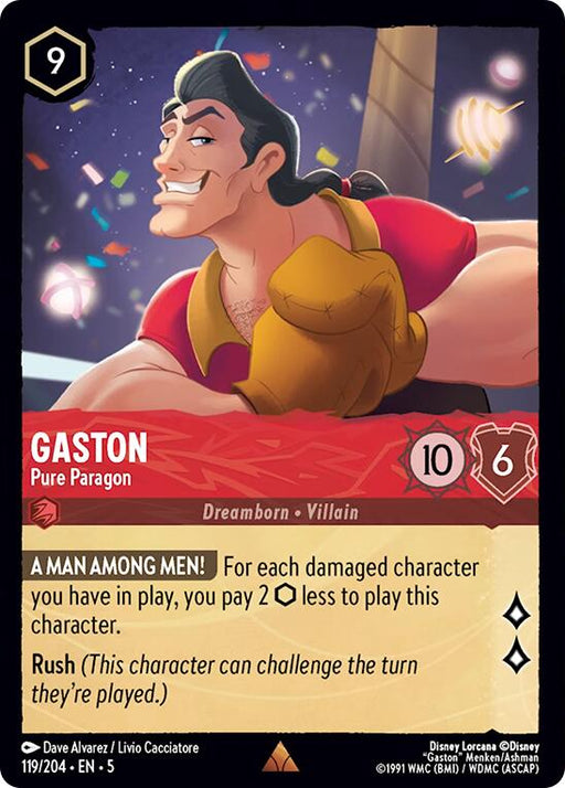 A "Lorcana" trading card from Disney, featuring Gaston - Pure Paragon (119/204) [Shimmering Skies], displays the Rare Dreamborn Villain in a confident pose, showing his biceps with a smirk. The card has a cost of 9 ink, 10 strength, and 6 willpower, and includes text with abilities and a description of Gaston.