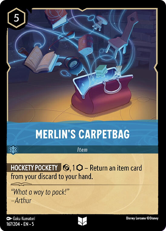 A "Disney" card titled "Merlin's Carpetbag (167/204) [Shimmering Skies]" features a magical bag with items like a book, chair, and telescope flying out. Under the shimmering skies, text describes its abilities and an uncommon quote from Arthur is displayed below the image.