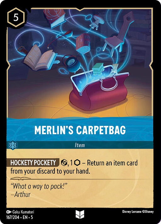 A "Disney" card titled "Merlin's Carpetbag (167/204) [Shimmering Skies]" features a magical bag with items like a book, chair, and telescope flying out. Under the shimmering skies, text describes its abilities and an uncommon quote from Arthur is displayed below the image.