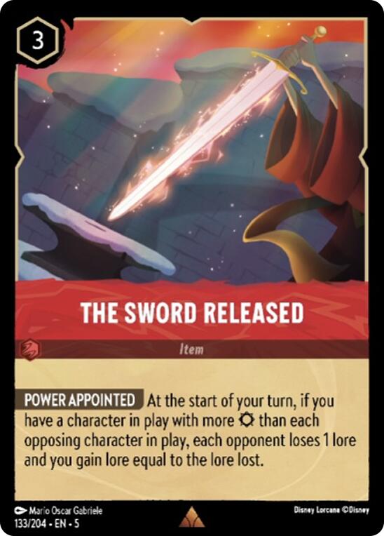 A Disney Lorcana card titled "The Sword Released (133/204)" from the 2024 Shimmering Skies release features an illustration of a glowing sword with magical runes being drawn from a scabbard. The sword emits light, illuminating a rocky landscape under shimmering skies. Below the illustration, the card's text details its rare abilities and effects in the game.