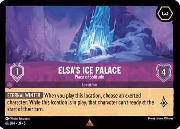 A rectangular card from the Disney Lorcana game depicts "Elsa's Ice Palace - Place of Solitude" under shimmering skies, against icy mountains and a twilight sky. The rare card, numbered 67/204, has a cost of 1 and a defense of 4. Text reads, "ETERNAL WINTER: When you play this location, choose an exerted character. While this location is in play