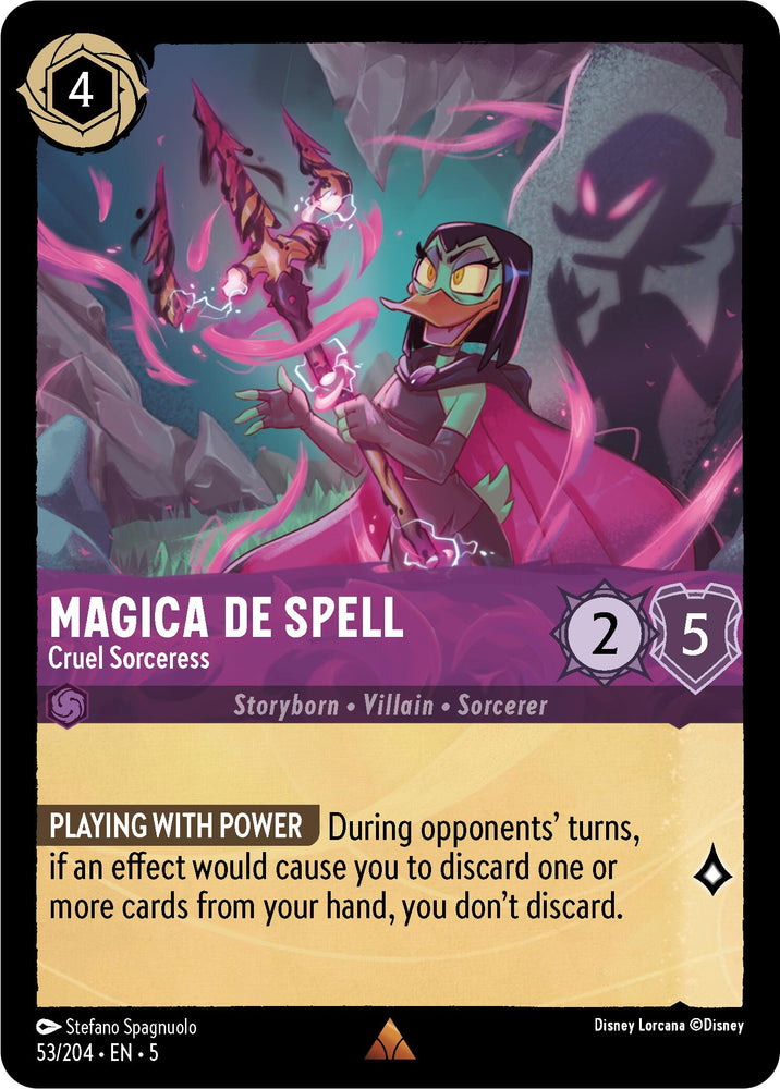 A Disney Magica De Spell - Cruel Sorceress trading card from the Shimmering Skies set (53/204) depicts the rare villain, who resembles a cruel sorceress duck holding a magic staff with a glowing pink crystal. She is dressed in a dark robe and stands against shimmering skies featuring a full moon. The card includes game statistics and text detailing her special ability.