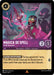 A Disney Magica De Spell - Cruel Sorceress trading card from the Shimmering Skies set (53/204) depicts the rare villain, who resembles a cruel sorceress duck holding a magic staff with a glowing pink crystal. She is dressed in a dark robe and stands against shimmering skies featuring a full moon. The card includes game statistics and text detailing her special ability.