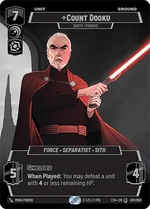 Introducing the Count Dooku - Darth Tyranus (2024 Convention Exclusive) card by Fantasy Flight Games, showcasing a distinguished Sith with white hair and a beard, brandishing a red lightsaber. This unique card highlights his impressive attributes: 7 cost, 5 attack, 4 health, enhanced with 