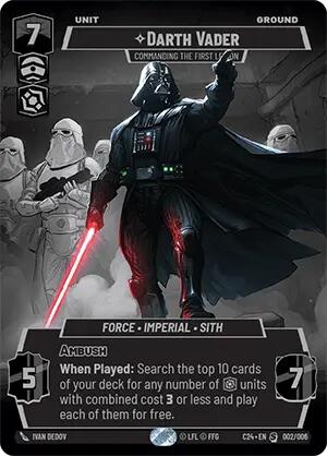 The "Darth Vader - Commanding the First Legion (2024 Convention Exclusive)" card from Fantasy Flight Games features the iconic Sith Lord in his black suit and cape, wielding a red lightsaber surrounded by Imperial stormtroopers. It has a power rating of 5 and a defense rating of 7, with abilities categorized under "Force," "Imperial," and "Sith," along with an "Ambush" skill description.