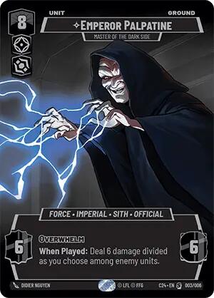 The exclusive 2024 convention trading card "Emperor Palpatine - Master of the Dark Side" (003/006) from Fantasy Flight Games showcases Emperor Palpatine, the Sith Lord, dressed in a dark hooded robe and emitting blue lightning from his hands. This special rarity card has a cost of 8, stats of 6 for both attack and defense, and includes the powerful ability "Overwhelm," which deals 6 damage to enemy units when played.