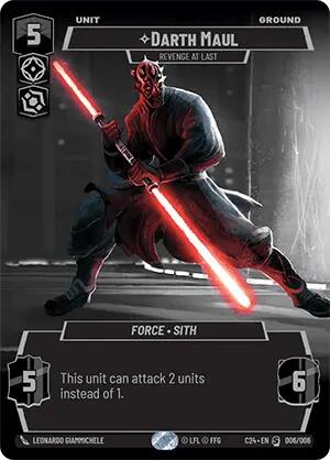 Product Description: The Darth Maul - Revenge at Last (2024 Convention Exclusive) card by Fantasy Flight Games showcases a striking black and red design, featuring Darth Maul gripping his iconic double-bladed red lightsaber. This powerful Sith unit card allows the figure to attack two units instead of one, with impressive stats of 5 attack and 6 defense. Classified under 'Force - Sith' and 'Ground,' this exclusive collectible is numbered 006/006.