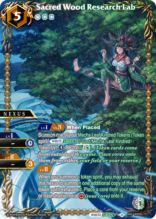 The "Sacred Wood Research Lab (Box Topper)" card from the Battle Spirits Saga Promo Cards by Bandai features a female character with green hair and a hat, perched on a tree branch with a staff. This Anniversary Rare card, identified as BSS05-111, includes details such as its Nexus level, abilities, and summoning conditions, all set against an intricately designed fantasy forest background.