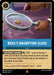 A rare Disney Lorcana trading card titled "Basil's Magnifying Glass (166/204) [Shimmering Skies]," depicts a hand holding a magnifying glass over a wooden surface with three small yellow shards. The card costs 2 ink, allows you to look at the top three cards of your deck, and features a quote from Basil.