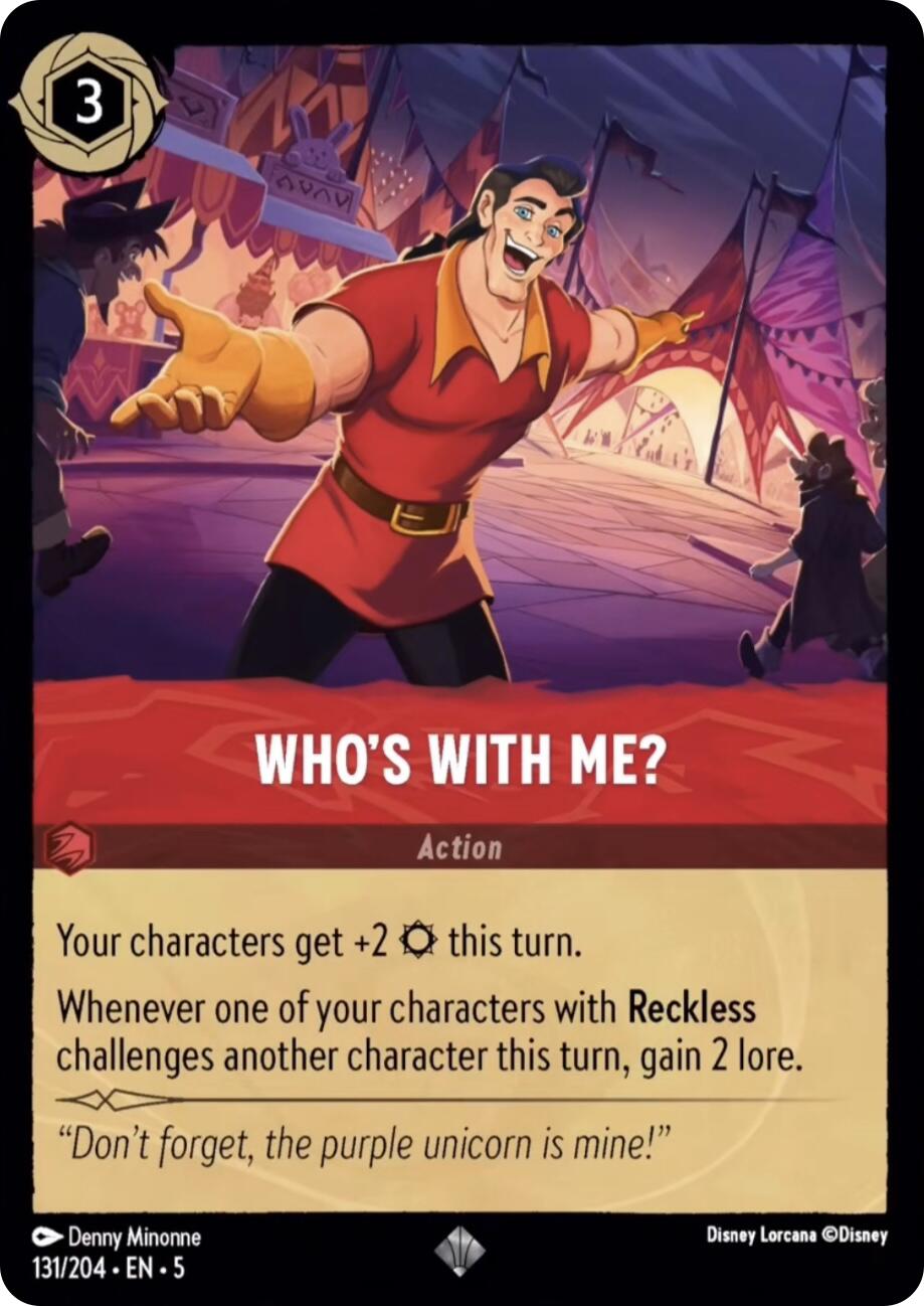 The Disney Who's With Me? (131/204) [Shimmering Skies] card showcases an animated man energetically gesturing with open arms. The accompanying text states, 