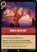 The Disney Who's With Me? (131/204) [Shimmering Skies] card showcases an animated man energetically gesturing with open arms. The accompanying text states, "Your characters get +2 Strength this turn. Whenever one of your characters with Reckless challenges another character this turn, gain 2 lore." Beneath it, a quote reads, "Don't forget, the purple unicorn is mine!" This Super Rare card is a must-have for Shimmering Skies collectors.