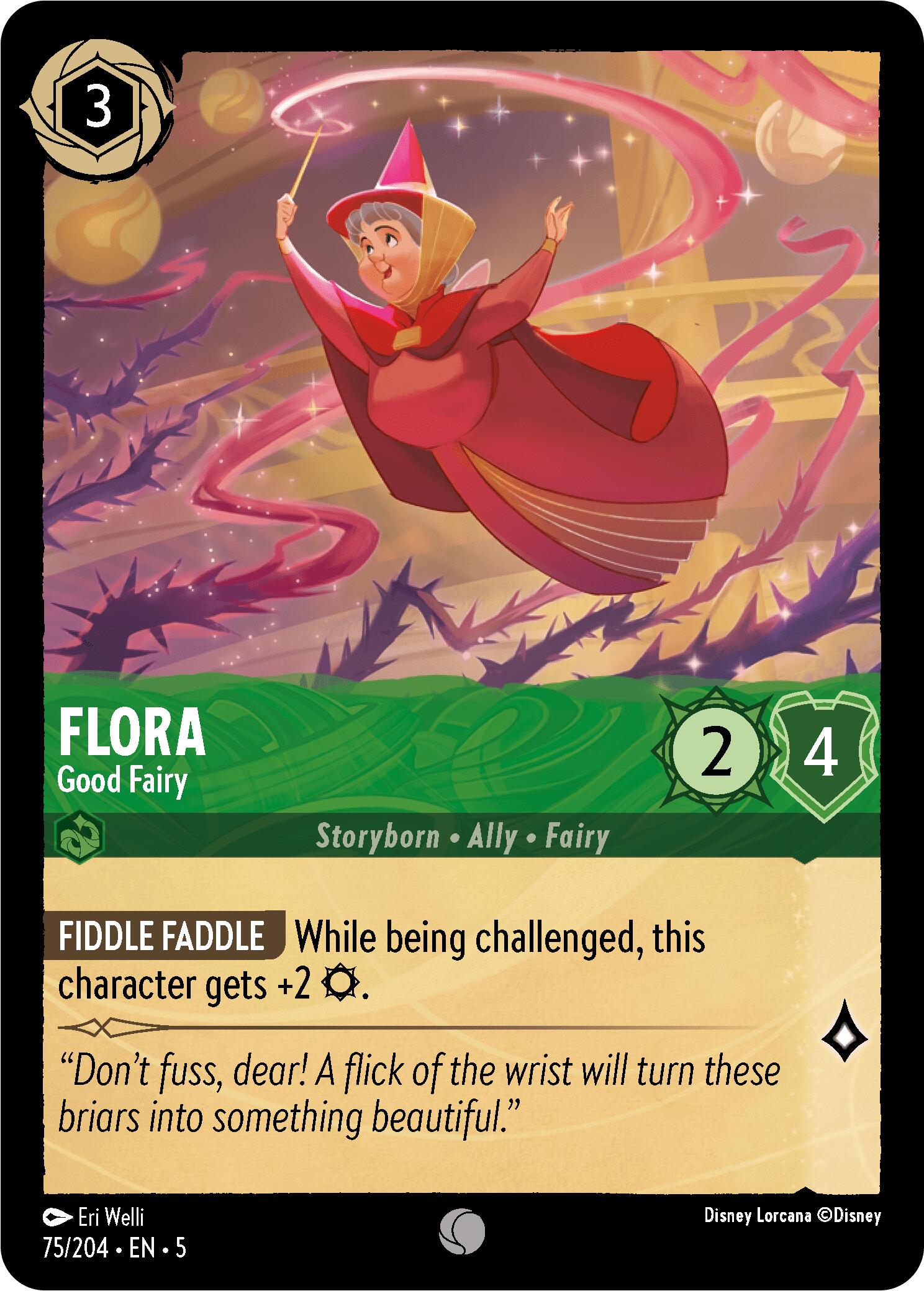 A Disney Lorcana trading card featuring Flora - Good Fairy (75/204) from the Shimmering Skies series. Flora is depicted with outstretched arms, a red dress, and magical swirls around her. The card attributes include a cost of 3, strength of 2, and willpower of 4, along with the ability 