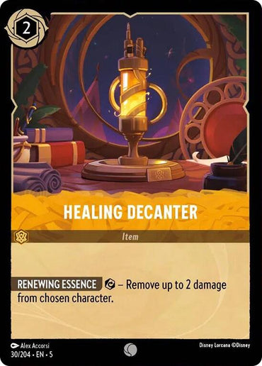 A popular game card named "Healing Decanter" (30/204) [Shimmering Skies] by Disney. The card depicts an intricate decanter radiating with golden liquid, positioned against a lively, magical backdrop filled with books and symbols. The description on the card states: "Renewing Essence – Remove up to 2 damage from chosen character.