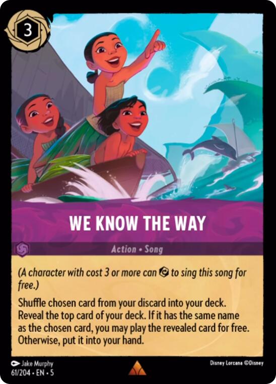 The Disney Lorcana action card "We Know the Way (61/204) [Shimmering Skies]" shows three characters on a boat joyfully gazing in the same direction under Shimmering Skies, with dolphins leaping from the water. The card costs 3 Ink and includes gameplay instructions.