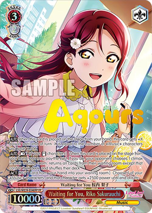 A vibrant trading card by Bushiroad, titled "Waiting for You, Riko Sakurauchi (LSS/WE39-E040FP FP)," features an anime-style character with long red hair and brown eyes, dressed in a white top. The words "Aqours" and "Waiting for You, Riko Sakurauchi" are prominently displayed, celebrating the 10th Anniversary of Love Live! School Idol Festival. Set against a nature-themed background, the card includes various game stats and abilities.