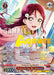 A vibrant trading card by Bushiroad, titled "Waiting for You, Riko Sakurauchi (LSS/WE39-E040FP FP)," features an anime-style character with long red hair and brown eyes, dressed in a white top. The words "Aqours" and "Waiting for You, Riko Sakurauchi" are prominently displayed, celebrating the 10th Anniversary of Love Live! School Idol Festival. Set against a nature-themed background, the card includes various game stats and abilities.