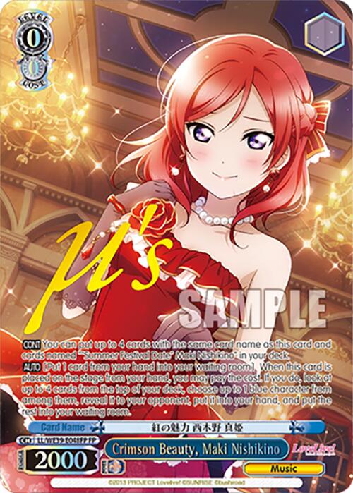 This image features the Bushiroad "Crimson Beauty, Maki Nishikino (LL/WE39-E048FP FP)" trading card from Love Live! School Idol Festival. Maki Nishikino poses stunningly in a glamorous red dress with a matching necklace and gloves, set against a musical backdrop. Celebrating the 10th Anniversary, this Weiss Schwarz card boasts stats including "Level 0" and "Power 2000".