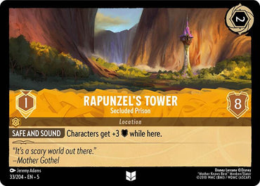 A Disney trading card named "Rapunzel's Tower - Secluded Prison (33/204) [Shimmering Skies]" depicts a tower in a mountainous landscape. The card adds "+3 strength to characters" and features the quote, "'It's a scary world out there.' – Mother Gothel." The card includes various details and symbols.