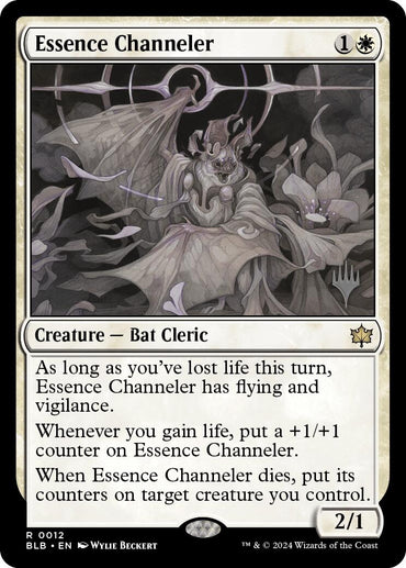 A Magic: The Gathering card named "Essence Channeler (Promo Pack) [Bloomburrow Promos]." This 2/1 Bat Cleric requires 1 white and 1 black mana to play and features artwork of a bat-like creature surrounded by ghostly figures. As part of the Bloomburrow Promos, it has abilities that focus on life loss, gaining life, and transferring counters upon its demise.