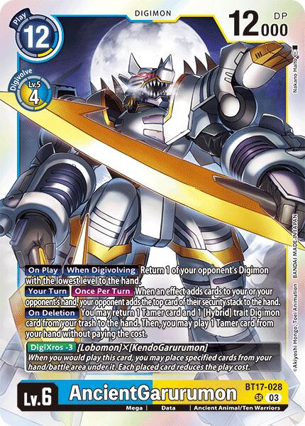 This Super Rare Digimon trading card, AncientGarurumon [BT17-028] [Secret Crisis], showcases a powerful digital monster with 12,000 DP. The Lv. 6 card requires 12 memory to play and boasts abilities related to returning cards and reducing costs. Illustrated in silver armor with blue and gold accents, it is part of the Secret Crisis series from Digimon.