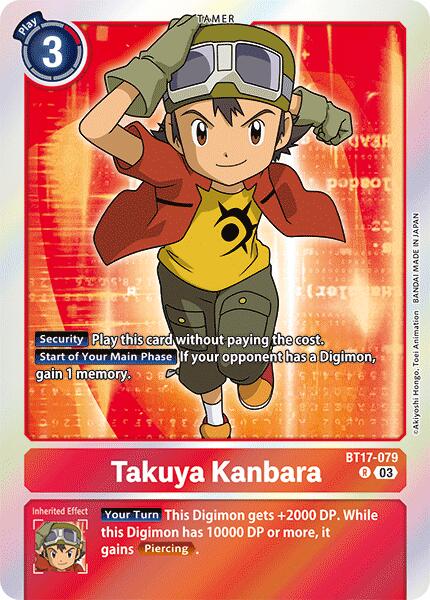 The Takuya Kanbara [BT17-079] [Secret Crisis] trading card from Digimon showcases a young Tamer dressed in a yellow shirt with a black symbol, a red jacket, red shorts, goggles, and gloves. The card has a play cost of 3 and includes detailed instructions and effects for using the character in Digimon battles.