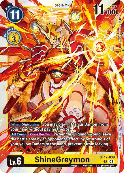 Introducing the ShineGreymon [BT17-039] [Secret Crisis] card from Digimon, featuring a rare depiction of a yellow-armored, red dragon-like creature with wings that emit bright, fiery energy. This card includes crucial details such as Play Cost 11, DP 11000, Lv. 6 status, Digivolve cost and requirements, abilities text, and it is identified by card number BT17-039 with digit 03.