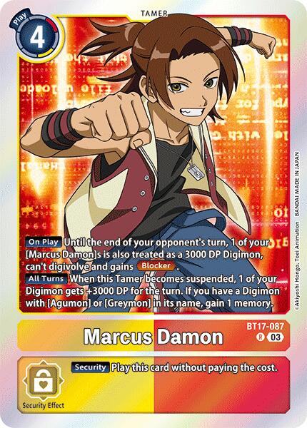 This is an image of a Digimon TCG card, Marcus Damon [BT17-087] [Secret Crisis], featuring a Tamer with short brown hair and a red and white jacket. The card, part of the Secret Crisis set, has a cost of 4 to play and includes abilities like "On Play" and "All Turns." Its rarity is identified as 03.