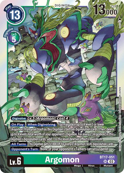 Introducing the Argomon [BT17-051] Digimon trading card from the Secret Crisis series. This Super Rare card showcases a vibrant illustration of a multi-eyed, tentacled creature with foliage-like features. The details include a level 6 Digimon, a play cost of 13, 13,000 DP, along with specific digivolution requirements and abilities.