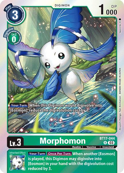 Introducing the Digimon card "Morphomon [BT17-044] [Secret Crisis]," which showcases a white, moth-like entity with blue-tipped wings and a playful expression. As part of the level 3 Rookie Insectoid group, this card offers a Digivolution cost of 3 and boasts 1,000 DP. Linked to Eosmon from the Secret Crisis saga, it comes with unique in-game abilities and effects.