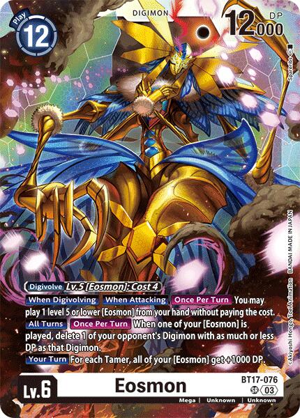 Presenting the Super Rare Digimon trading card, Eosmon [BT17-076] from the Secret Crisis series. This Lv. 6 card boasts a play cost of 12 and an impressive 12,000 DP. The artwork showcases an armored Digimon adorned with golden and blue accents, wielding a sword. Detailed text boxes outline various effects and abilities unique to the card, making it a standout addition to any collection.