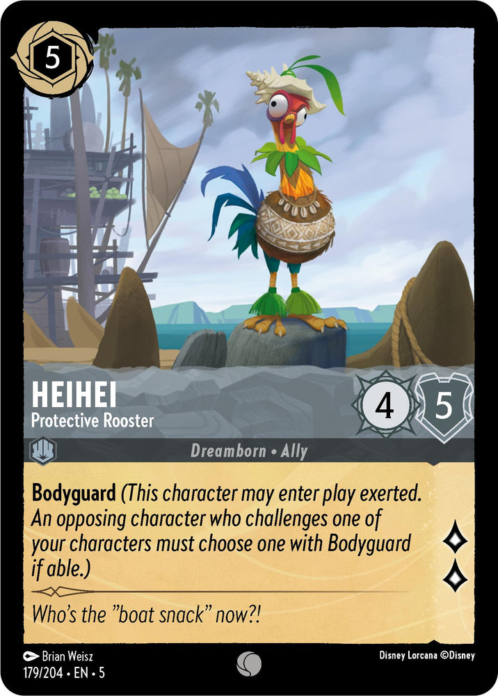 A Disney Lorcana trading card titled "HeiHei - Protective Rooster (179/204) [Shimmering Skies]" showcases HeiHei standing on a sandy beach with water and rocks in the background. HeiHei, costing 5 with 4 power and 5 toughness, serves as a Bodyguard. The flavor text reads: "Who's the 'boat snack' now?!