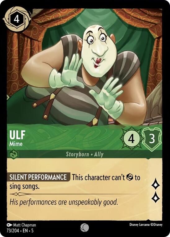 A Disney Lorcana card from the Shimmering Skies set features Ulf - Mime (73/204), with a cost of 4 in the top left corner. He has 4 attack and 3 defense. Ulf is depicted wearing white face paint, a striped shirt, and suspenders. The card text reads, 