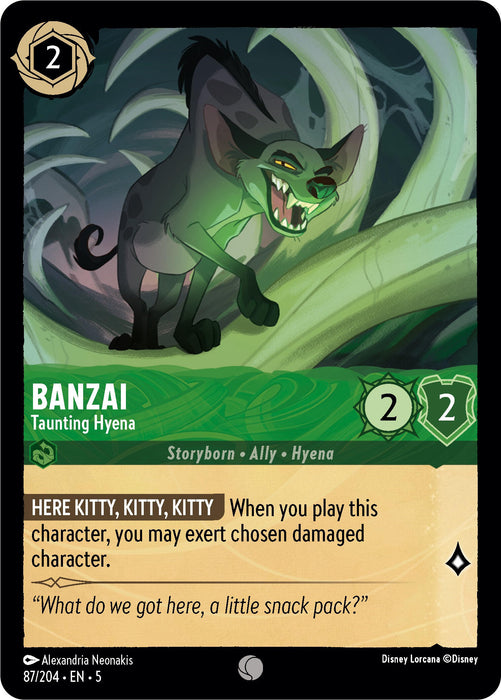 A "Disney Lorcana" trading card featuring Banzai, the taunting hyena from "The Lion King" film. The card is titled "Banzai - Taunting Hyena (87/204) [Shimmering Skies]" and shows Banzai with a menacing grin, glowing green eyes, and surrounded by dark green foliage under shimmering skies. It has 2 cost, 2 strength, and 2 willpower. The card's ability is "HERE KITTY".