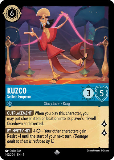 A trading card named "Kuzco - Selfish Emperor (149/204)" from Disney's "Shimmering Skies" collection features Kuzco in royal attire. This super rare card has a cost of 6, strength of 3, and willpower of 5. It includes the abilities "Outplacement" and "By Invite Only [4Q]." The card's rarity is indicated by a diamond symbol.
