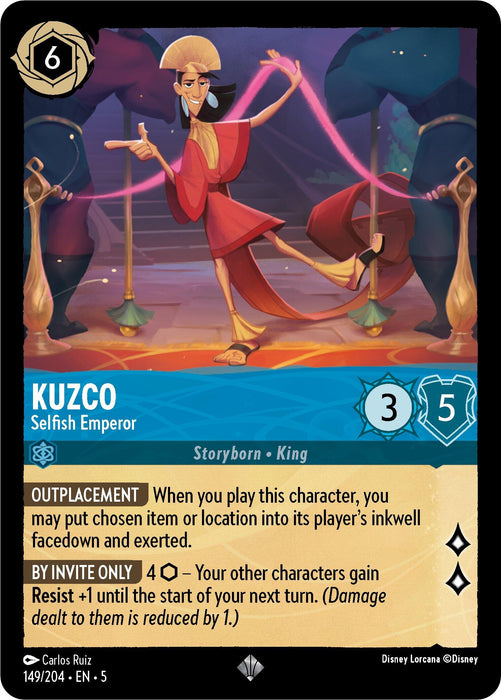 A trading card named "Kuzco - Selfish Emperor (149/204)" from Disney's "Shimmering Skies" collection features Kuzco in royal attire. This super rare card has a cost of 6, strength of 3, and willpower of 5. It includes the abilities "Outplacement" and "By Invite Only [4Q]." The card's rarity is indicated by a diamond symbol.
