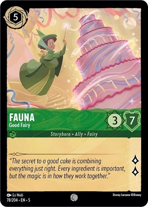 The Disney Lorcana trading card titled "Fauna - Good Fairy (78/204) [Shimmering Skies]" features Fauna next to a grand, multi-tiered pink cake decorated with fairy tale elements. The enchanting text on the card reads, "The secret to a good cake is combining everything just right. Every ingredient is important, but the magic lies in how they work together." This delightful card from Disney adds a touch of magic to any collection from the 2024-08 edition.