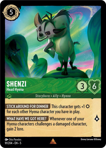 The Disney Lorcana trading card, "Shenzi - Head Hyena (91/204) [Shimmering Skies]," features a cartoon hyena standing on a rocky hill under shimmering skies. Shenzi boasts 3 strength and 6 willpower, with card text detailing abilities that enhance other Hyena characters and gain lore points when challenging damaged characters.