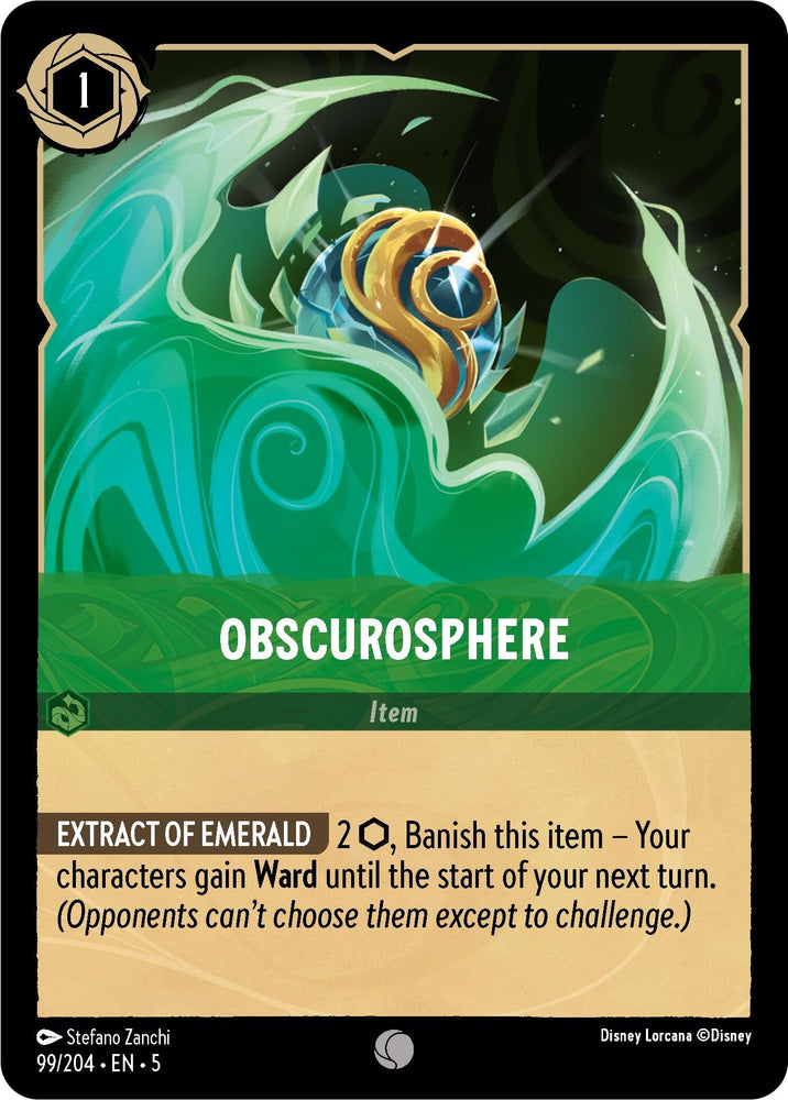 A Disney Lorcana trading card titled "Obscurosphere (99/204) [Shimmering Skies]" costs 1 ink. The card showcases a central spherical object surrounded by swirling green and light blue energy under shimmering skies. The item's ability reads: "EXTRACT OF EMERALD 2, BANISH this item - Your characters gain Ward until the start of your next turn.