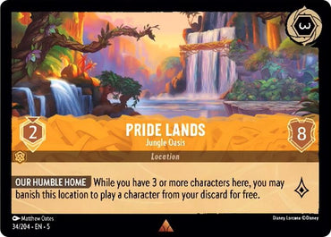 A collectible card titled "Pride Lands - Jungle Oasis (34/204) [Shimmering Skies]" by Disney. The scenic artwork depicts a lush jungle oasis with cascading waterfalls, vibrant greenery, and a dramatic sky. This rare card costs 2 resources and offers 8 resistance. The text reads: "OUR HUMBLE HOME: While you have 3 or more characters here, you may banish this location to play a character from your discard for free.