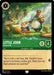 The image is a Disney trading card featuring Little John - Camp Cook (71/204) from the Shimmering Skies collection. Little John, a large bear, is depicted wearing a green shirt and white apron as he cooks in a forest setting with a pot over a fire. The card text describes an uncommon dish made from foraged ingredients, and attributes and stats are displayed at the bottom.