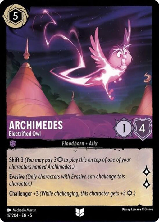 Presenting the Disney trading card, "Archimedes - Electrified Owl" (47/204) [Shimmering Skies]. This stunning card features Archimedes against a night sky backdrop filled with shimmering skies and pointed rooftops. Classified as a 5-cost Floodborn Ally, it boasts 1 attack and 4 defense. Its special abilities include Shift 3, Evasive, and Challenger +3.