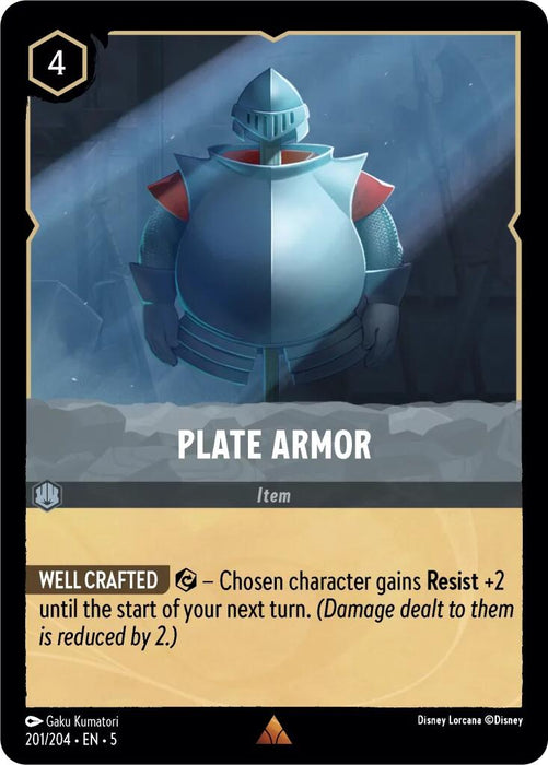 A trading card for Disney's Lorcana game, featuring the rare item "Plate Armor (201/204) [Shimmering Skies]." The card showcases an illustration of a knight's armor with a glowing blue chest plate and red accents on the shoulders. It has a cost of 4 and the text reads, "Chosen character gains Resist +2 until the start of your next turn. (Damage dealt to them is reduced by 2.).