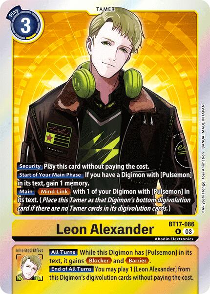 Image of a yellow Digimon trading card titled "Leon Alexander [BT17-086] [Secret Crisis]." This tamer features an animated character with short green hair, a black jacket, green gloves, headphones, and a confident expression. The character's name and stats—including abilities and play cost—are detailed at the bottom.