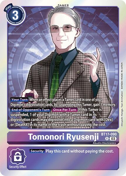 Here's a revised version of the sentence using the provided product data:

A Digimon trading card named "Tomonori Ryusenji [BT17-090] [Secret Crisis]" features an older man with glasses and white hair, dressed in a suit. The card highlights his Digivolution abilities and security effects, indicated by a blue play cost icon (3) and marked with rarity denoted by ▪️.