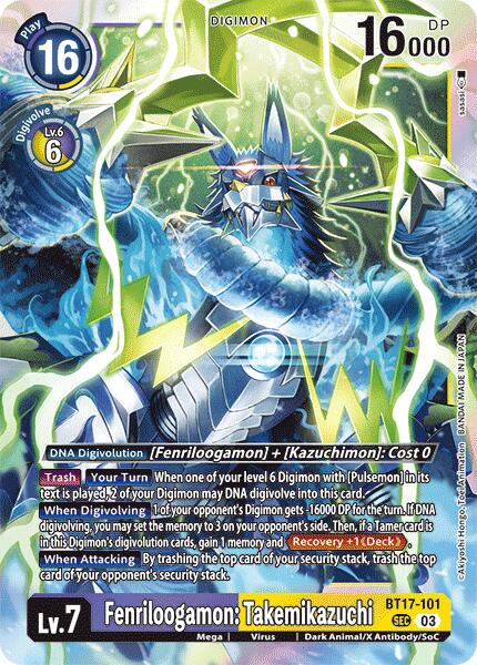 The Digimon trading card, Fenriloogamon: Takemikazuchi [BT17-101] [Secret Crisis], is a Secret Rare edition that features a formidable creature adorned in azure armor with sharp spikes and glowing energy. With a Play Cost of 16, 16,000 DP, and DNA Digivolution requirements detailed on the card, this piece from the Secret Crisis series is a powerful addition to any collection.