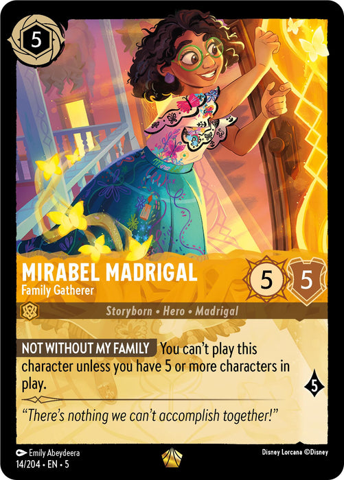 Introducing the "Mirabel Madrigal - Family Gatherer (14/204) [Shimmering Skies]" card from Disney Lorcana. This vibrant card showcases Mirabel Madrigal in a festive outfit with glasses, standing joyfully with an outstretched arm under shimmering skies. As a legendary 5-cost character, Mirabel boasts 5 power and 5 toughness. The artwork is beautifully crafted by Emily Abeydeera.