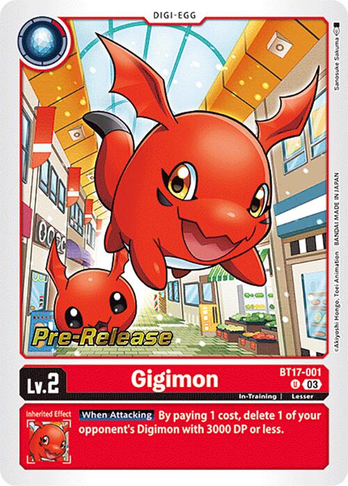 A card from the Digimon brand, titled "Gigimon [BT17-001] [Secret Crisis Pre-Release Cards]," features an illustrated red, dragon-like creature with large eyes and small wings. Labeled as "In-Training," this Level 2 card depicts Gigimon floating in a cityscape and displays text for the Secret Crisis Pre-Release. It also includes game instructions and stats, such as an attack costing 1.